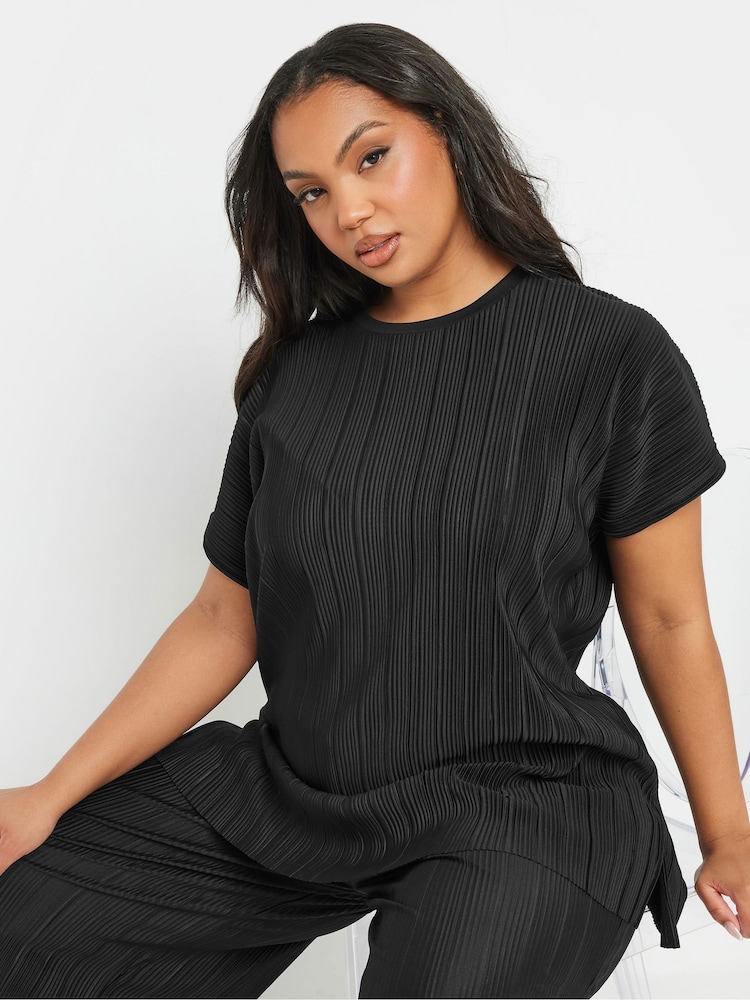 Yours Curve Black Plisse Grown Co-ord T-Shirt - Image 1 of 5