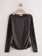 Chocolate Brown Long Sleeve Slash Neck Lace Top - Image 1 of 3