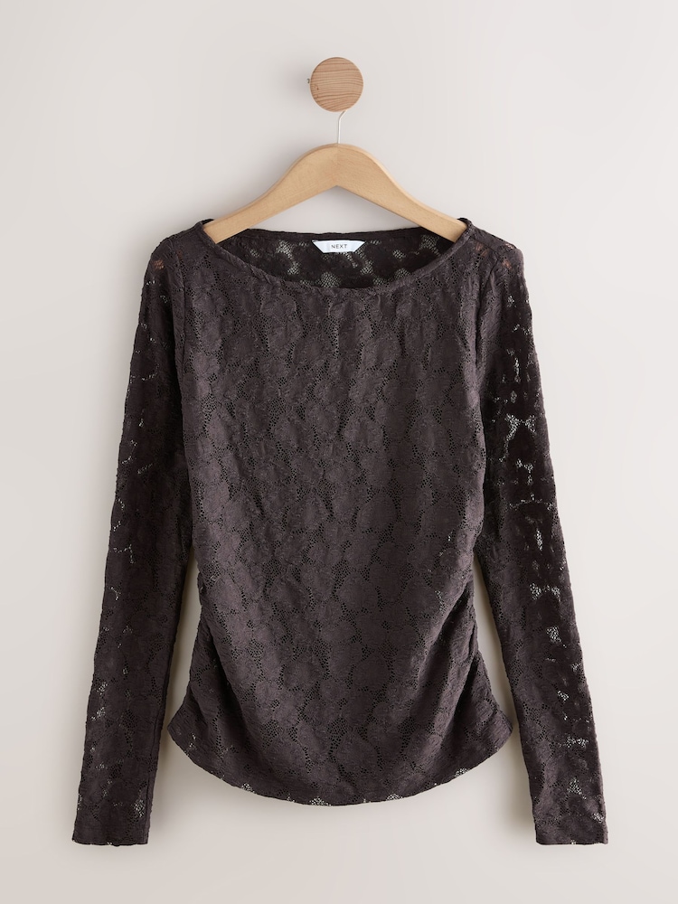 Chocolate Brown Long Sleeve Slash Neck Lace Top - Image 1 of 3