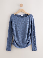 Blue Long Sleeve Slash Neck Lace Top - Image 1 of 3