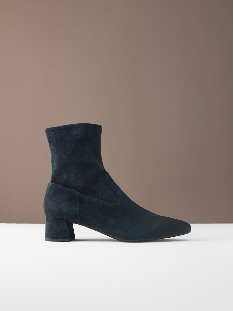 Navy Blue Suede Motionflex Block Heeled Sock Boots - Image 1 of 6