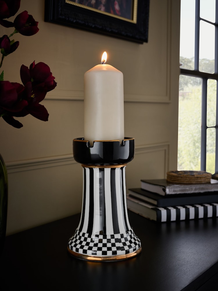 Black/White Check Ceramic Pillar Candle Holder - Image 1 of 4 Black/White Check Ceramic Pillar Candle Holder - Image 1 of 4