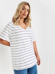 Yours Curve White 100% Cotton Stripe V-Neck T-Shirt - Image 1 of 4