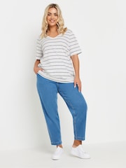 Yours Curve White 100% Cotton Stripe V-Neck T-Shirt - Image 2 of 4