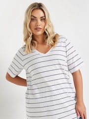 Yours Curve White 100% Cotton Stripe V-Neck T-Shirt - Image 4 of 4