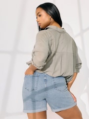 Yours Curve Blue Turn Hem Mom Denim Shorts - Image 4 of 5
