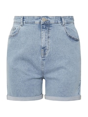 Yours Curve Blue Turn Hem Mom Denim Shorts - Image 5 of 5