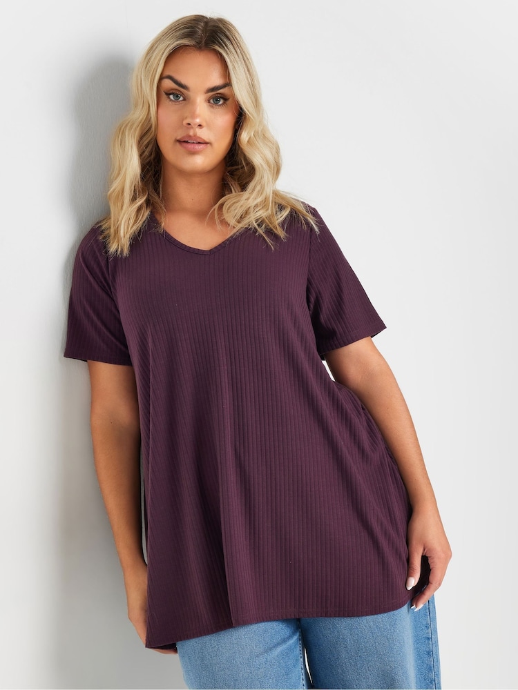 Yours Curve Purple V-Neck Ribbed Swing T-Shirt - Image 1 of 5