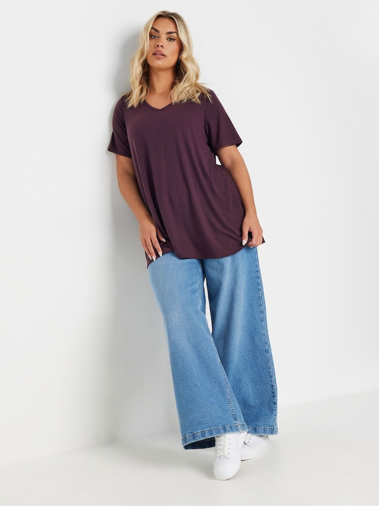 Yours Curve Purple V-Neck Ribbed Swing T-Shirt - Image 2 of 5
