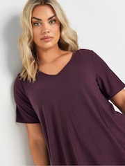 Yours Curve Purple V-Neck Ribbed Swing T-Shirt - Image 4 of 5