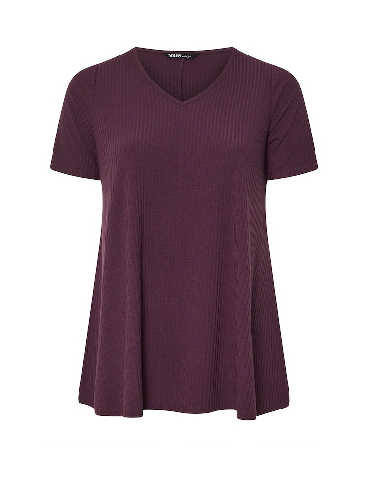 Yours Curve Purple V-Neck Ribbed Swing T-Shirt - Image 5 of 5