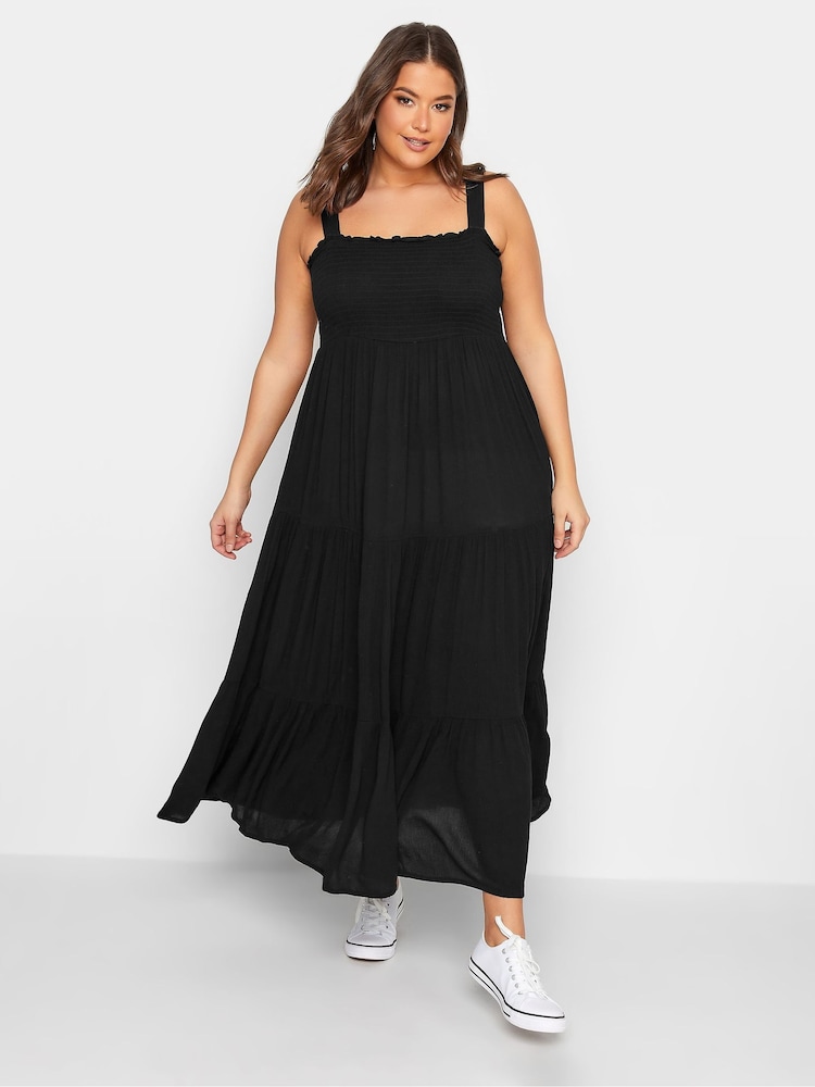 Yours Curve Black Shirred Strappy Sundress - Image 1 of 5