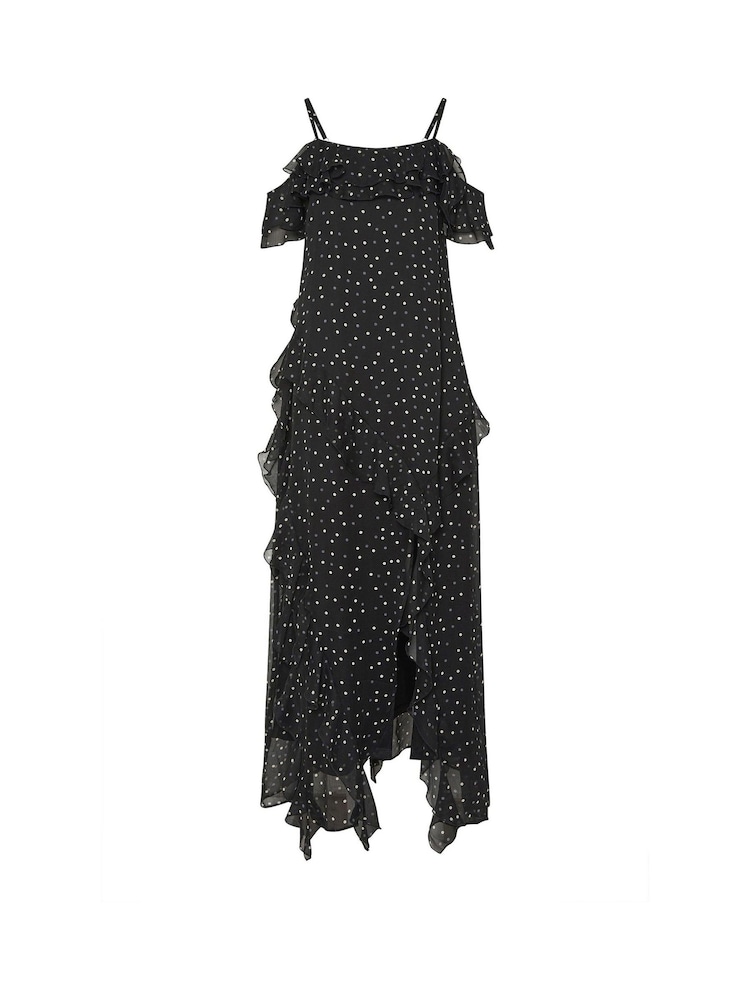 PixieGirl Petite Black Spot Printed Frill Maxi Dress - Image 4 of 4
