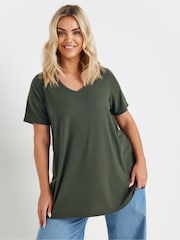 Yours Curve Green V-Neck Ribbed Swing T-Shirt - Image 1 of 4