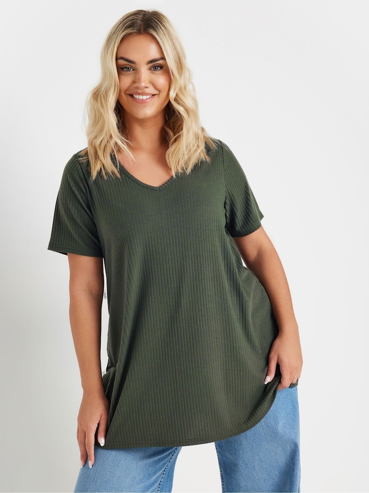 Yours Curve Green V-Neck Ribbed Swing T-Shirt - Image 1 of 4