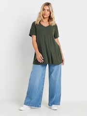Yours Curve Green V-Neck Ribbed Swing T-Shirt - Image 2 of 4
