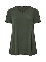 Yours Curve Green V-Neck Ribbed Swing T-Shirt - Image 4 of 4