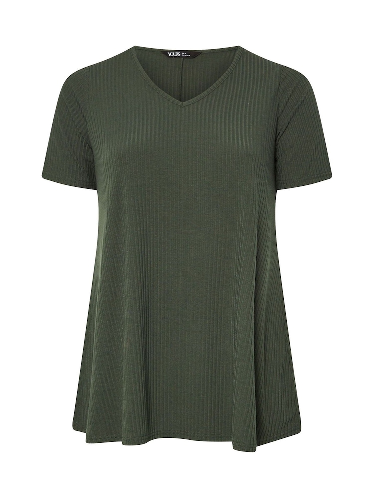 Yours Curve Green V-Neck Ribbed Swing T-Shirt - Image 4 of 4