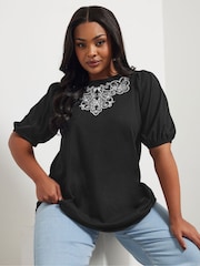 Negro - Yours Curve 100% Cotton Puff Sleeve Embroidery T-Shirt - Imagen 1 de 5