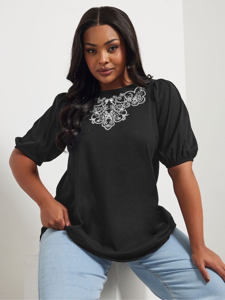 Negro - Yours Curve 100% Cotton Puff Sleeve Embroidery T-Shirt - Imagen 1 de 5