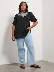 Negro - Yours Curve 100% Cotton Puff Sleeve Embroidery T-Shirt - Imagen 2 de 5