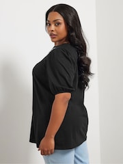 Negro - Yours Curve 100% Cotton Puff Sleeve Embroidery T-Shirt - Imagen 3 de 5