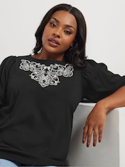 Negro - Yours Curve 100% Cotton Puff Sleeve Embroidery T-Shirt - Imagen 4 de 5