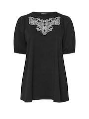 Negro - Yours Curve 100% Cotton Puff Sleeve Embroidery T-Shirt - Imagen 5 de 5