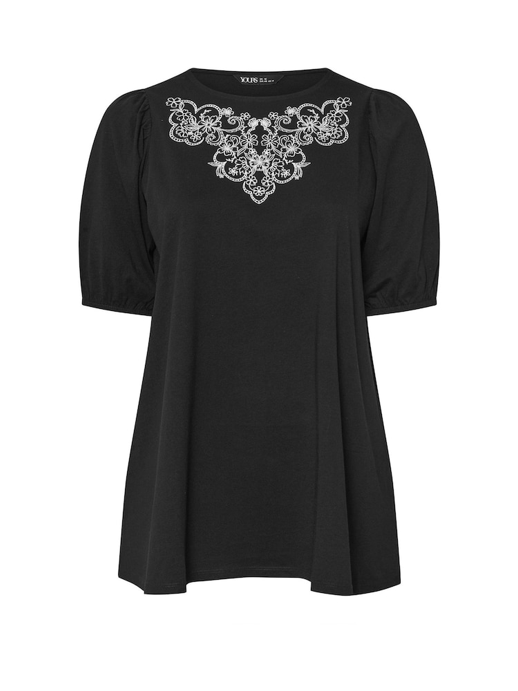 Negro - Yours Curve 100% Cotton Puff Sleeve Embroidery T-Shirt - Imagen 5 de 5