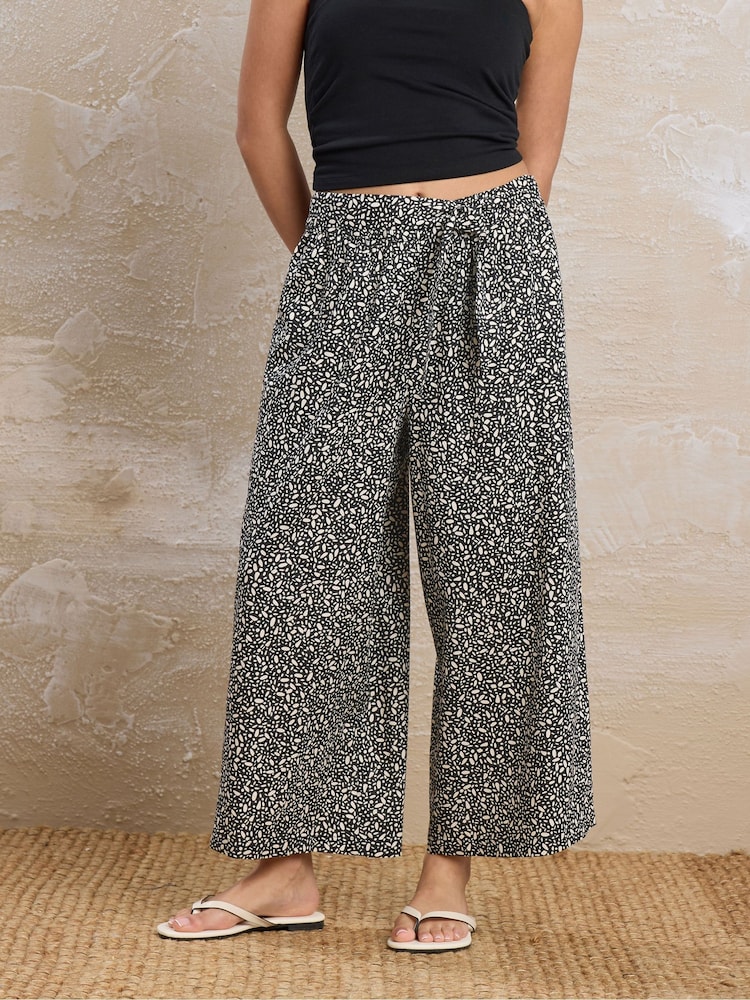 PixieGirl Petite Black Wide Leg Cropped 100% Cotton Trousers - Image 1 of 5