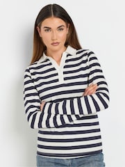 כחול  - Long Tall Sally 100% Cotton Striped Half Placket Polo T-Shirt - תמונה 1 מתוך 5