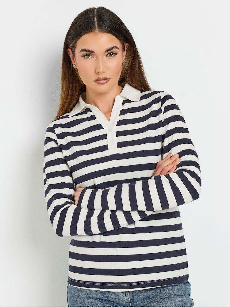 כחול  - Long Tall Sally 100% Cotton Striped Half Placket Polo T-Shirt - תמונה 1 מתוך 5
