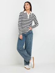 כחול  - Long Tall Sally 100% Cotton Striped Half Placket Polo T-Shirt - תמונה 2 מתוך 5