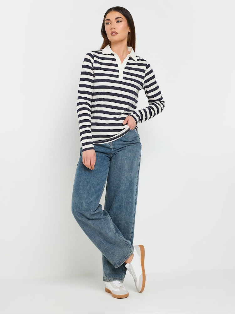 כחול  - Long Tall Sally 100% Cotton Striped Half Placket Polo T-Shirt - תמונה 2 מתוך 5