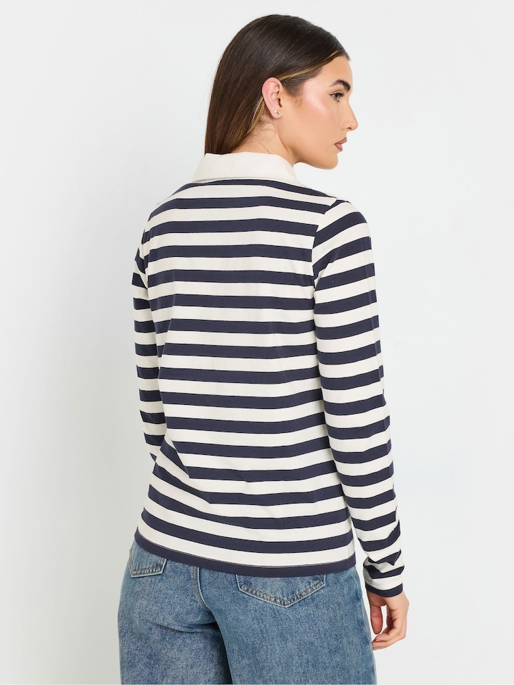 Long Tall Sally Blue 100% Cotton Striped Half Placket Polo T-Shirt - Image 3 of 5