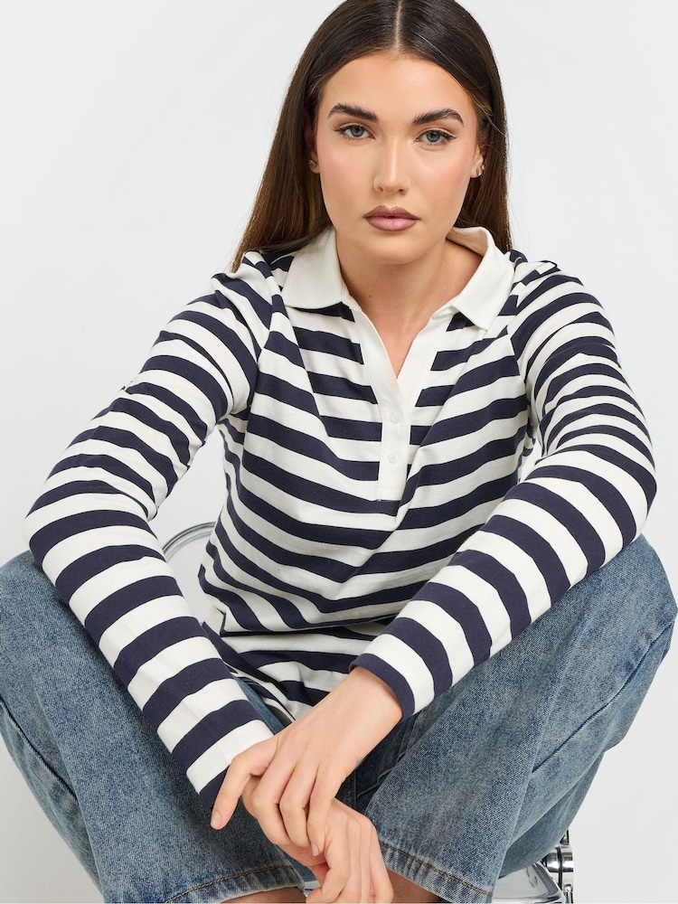 Long Tall Sally Blue 100% Cotton Striped Half Placket Polo T-Shirt - Image 4 of 5