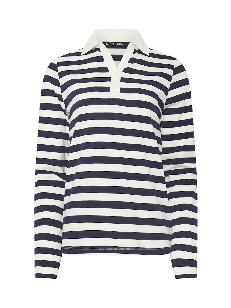 כחול  - Long Tall Sally 100% Cotton Striped Half Placket Polo T-Shirt - תמונה 5 מתוך 5