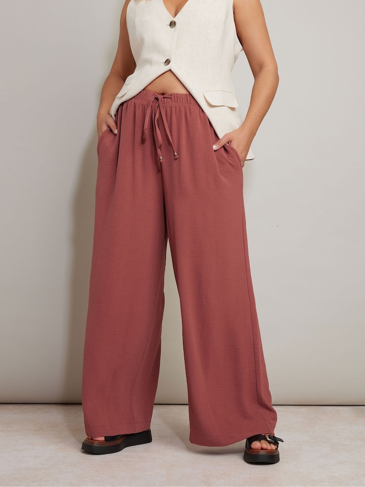 Yours Curve Red Washed Twill Wide Leg Trousers - Image 1 of 4