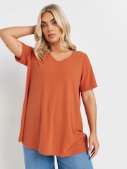 Yours Curve Orange V-Neck Ribbed Swing T-Shirt - Image 1 of 6