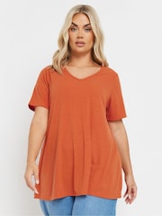 Yours Curve Orange V-Neck Ribbed Swing T-Shirt - Image 2 of 6