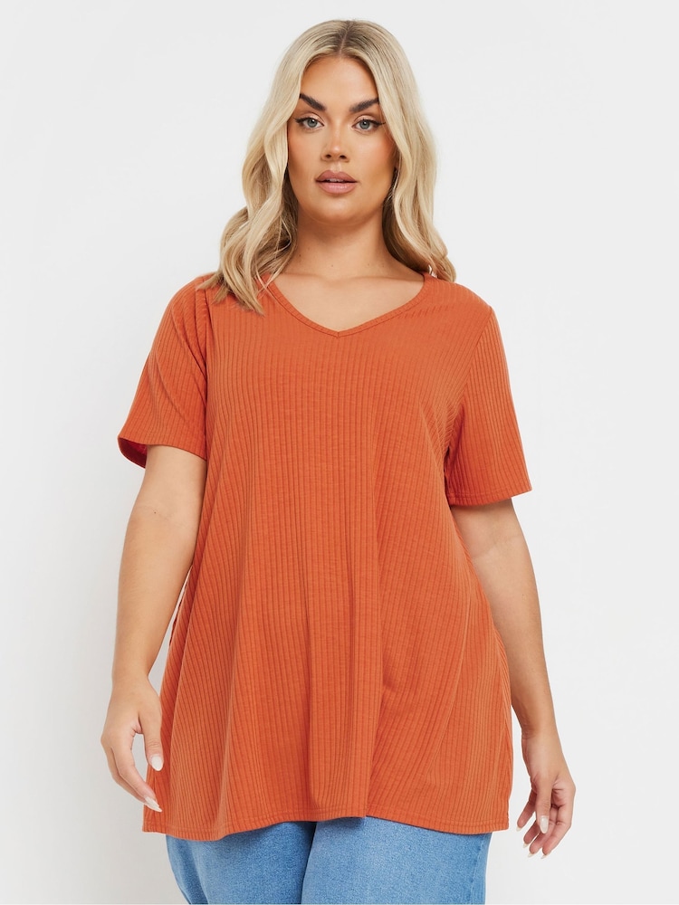 Yours Curve Orange V-Neck Ribbed Swing T-Shirt - Image 2 of 6