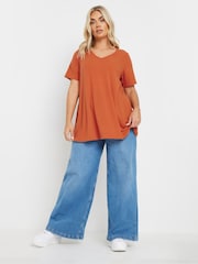 Yours Curve Orange V-Neck Ribbed Swing T-Shirt - Image 3 of 6