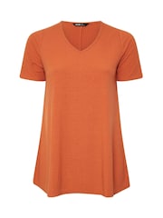Yours Curve Orange V-Neck Ribbed Swing T-Shirt - Image 6 of 6