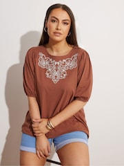 Marrón - Yours Curve 100% Cotton Puff Sleeve Embroidery T-Shirt - Imagen 1 de 5