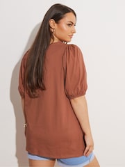 Marrón - Yours Curve 100% Cotton Puff Sleeve Embroidery T-Shirt - Imagen 4 de 5