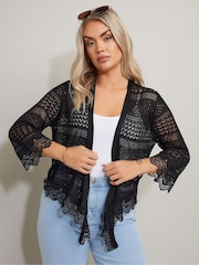 Yours Curve Black Waterfall Lace Trim Cardigan - Image 1 of 5