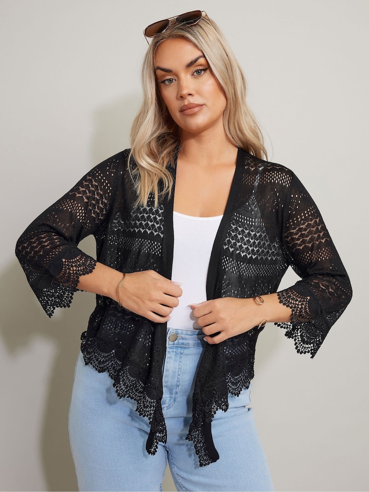 Yours Curve Black Waterfall Lace Trim Cardigan - Image 1 of 5
