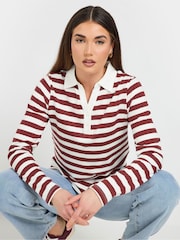 Long Tall Sally Brown 100% Cotton Striped Half Placket Polo T-Shirt - Image 1 of 5