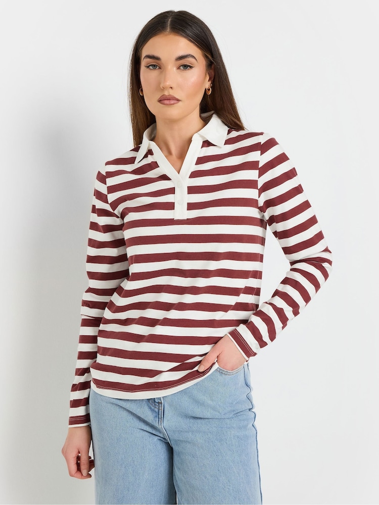 Marrón - Long Tall Sally 100% Cotton Striped Half Placket Polo T-Shirt - Imagen 2 de 5 Marrón - Long Tall Sally 100% Cotton Striped Half Placket Polo T-Shirt - Imagen 2 de 5