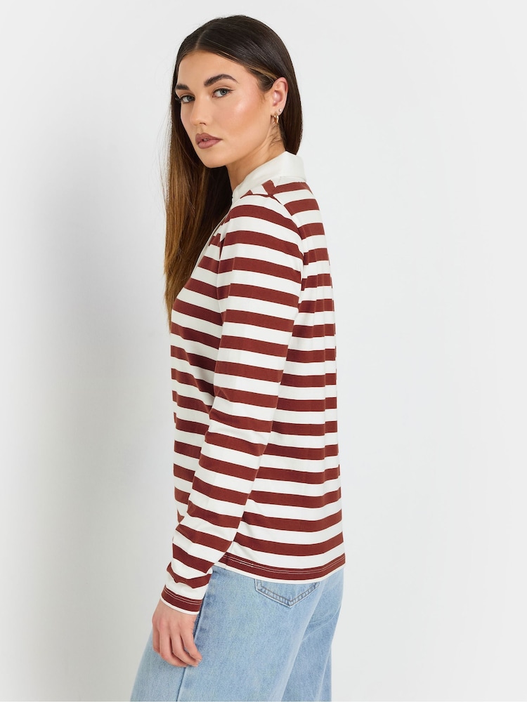 Long Tall Sally Brown 100% Cotton Striped Half Placket Polo T-Shirt - Image 4 of 5